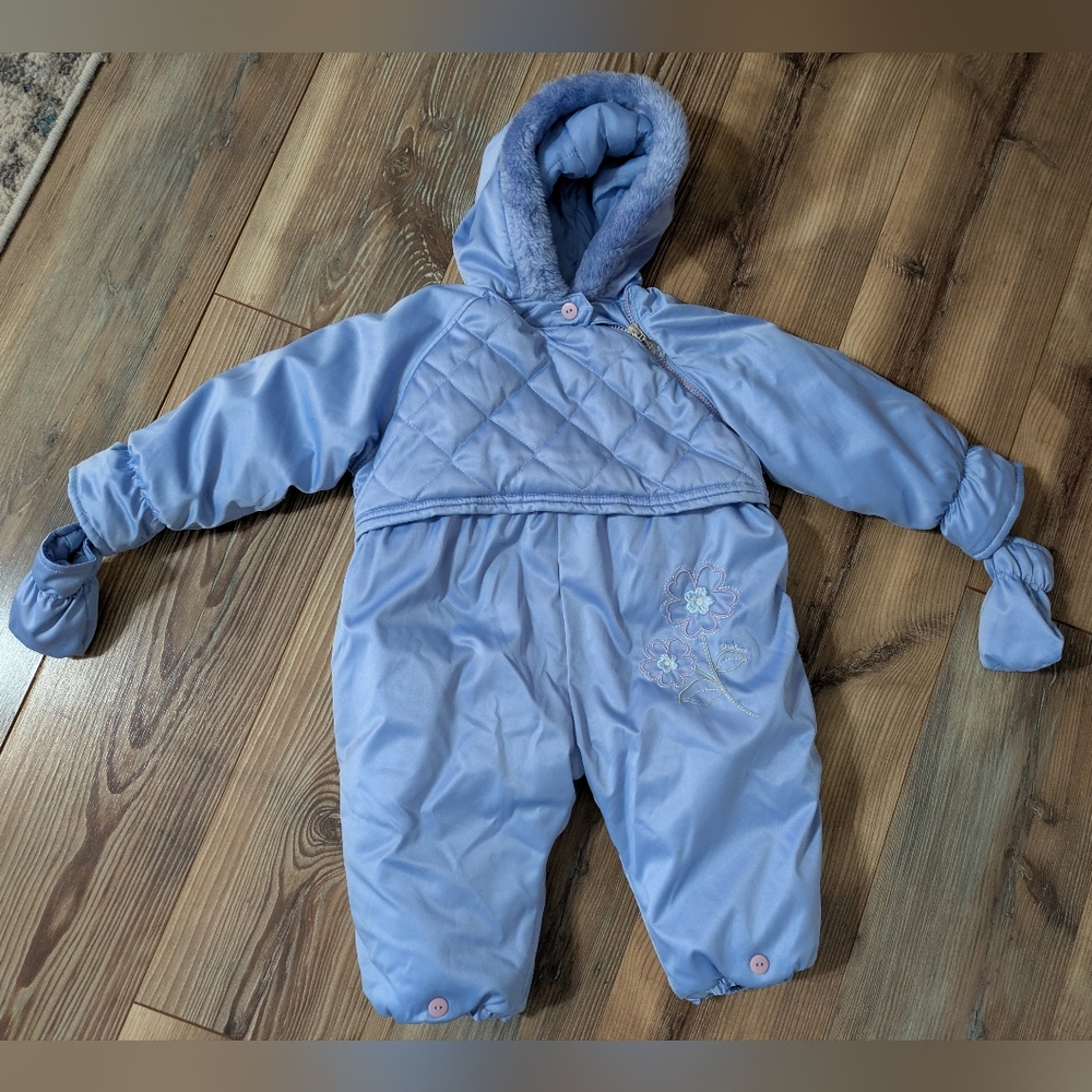 VTG Oshkosh Hooded Snow Suit Baby Girl Toddler 18 Months Floral Embroidered Blue - Picture 1 of 5